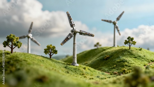 A miniature green hill landscape with tiny wind turbines, created as a realistic eco diorama. Suitable for clean energy, environment, and sustainability themes