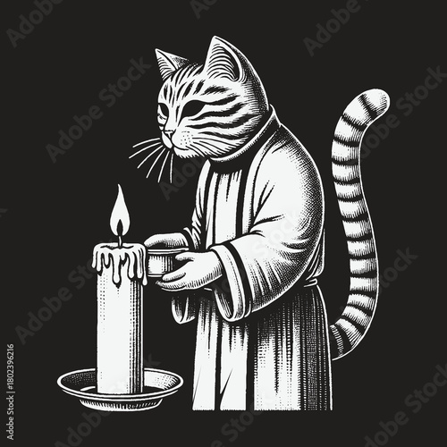 Monk Cat with Candle in Black and White Illustration.