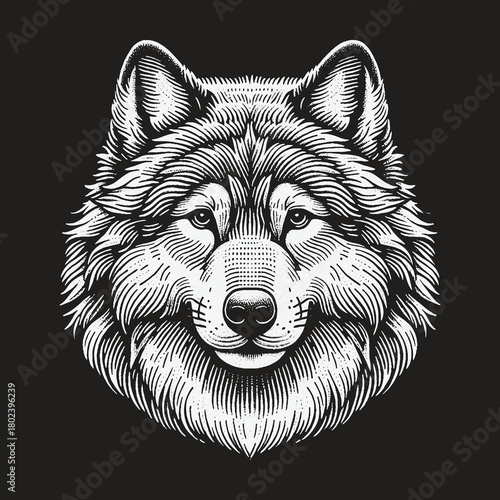 Majestic Wolf Head Engraving Style Vector Illustration.