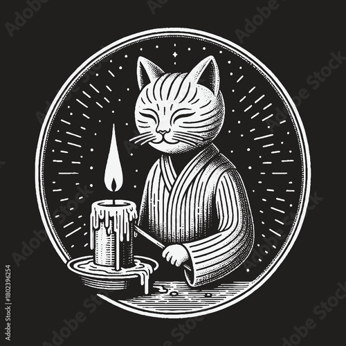 Mystical Cat in a Robe Lighting a Candle at Night.