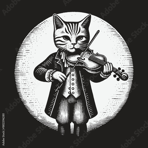 Vintage Engraving of a Dapper Cat Playing the Violin.