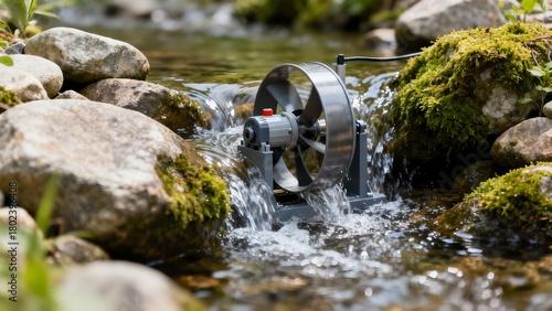 A tiny hydro turbine placed in a small flowing stream, blending nature and technology in a micro diorama scene. Perfect for eco and engineering concepts