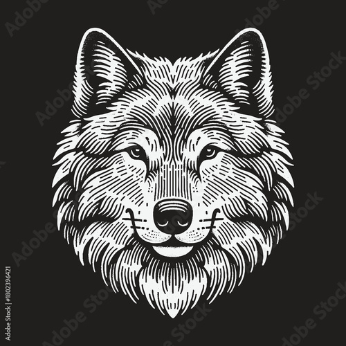 Vintage Engraving Style Wolf Head Portrait Illustration.