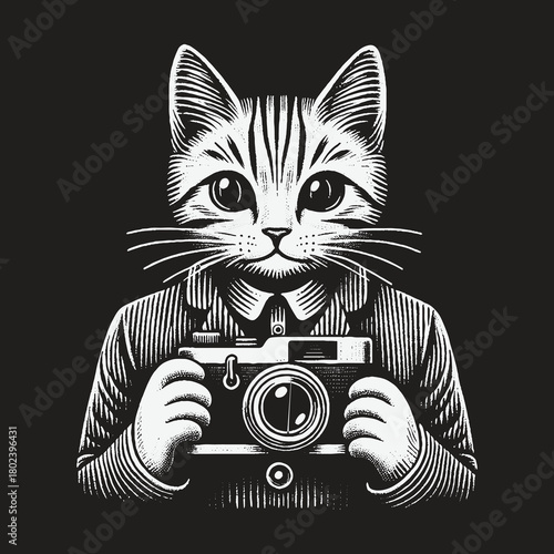 Monochrome Cat Photographer in a Suit Holding a Vintage Camera.