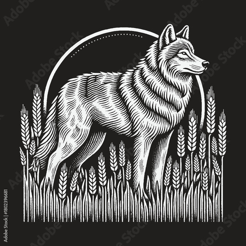 Majestic Wolf Standing in a Wheat Field Illustration.