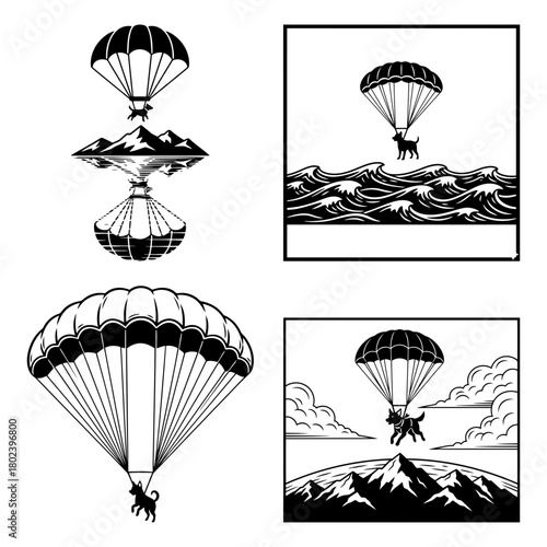 Dog sky diving symbol collection of dog with parachute in various scenes isolated on