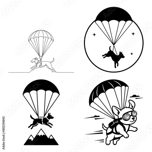 Dog sky diving symbol silhouette of a dog with a parachute in different poses isolated on