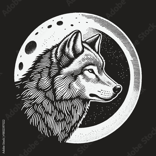 Vintage Engraved Wolf Head Against a Textured Moon.
