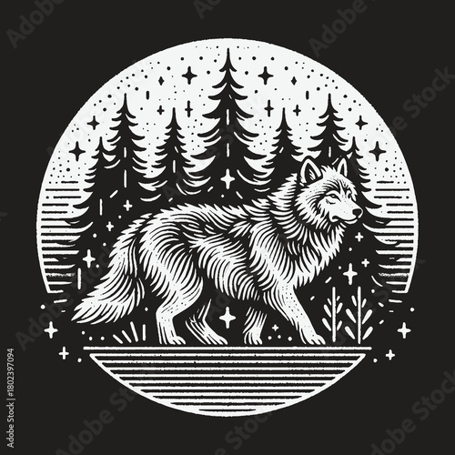 Vintage Wolf Illustration in a Starry Night Forest Scene.