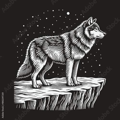 Majestic Wolf Standing on a Cliff Under a Starry Night Sky.