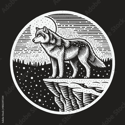 Lone Wolf Standing on a Cliff Under the Moon.