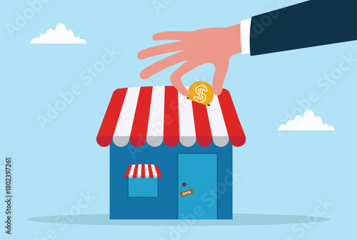 Vector illustration of a hand placing a coin into a small shop to represent funding, business growth, financial support, and startup development
