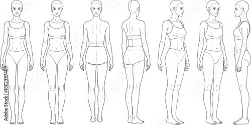 Set of female fashion croquis, woman with short hair in underwear, showing front, back, and side views, technical template.