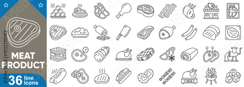 Meat product line icons set. Beef, chicken, pork, sausage, bacon, ham, steak, grill, butcher, fresh meat and more symbols collection.