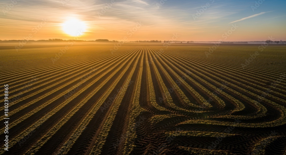 Naklejka premium Aerial view of a perfectly plowed agricultural field at golden sunrise.