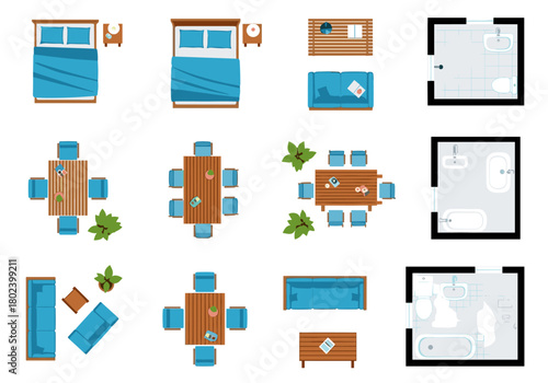 Top-down view of various furniture arrangements for home interiors and floor plans.