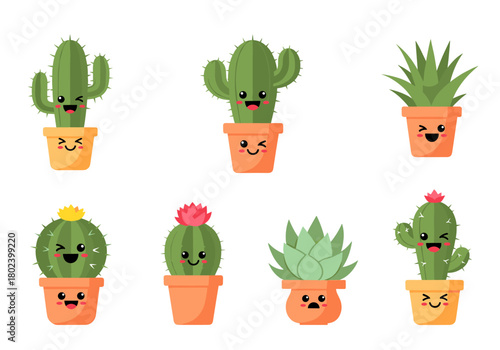 Cute cartoon potted cacti with smiling faces and various expressions, isolated on white.