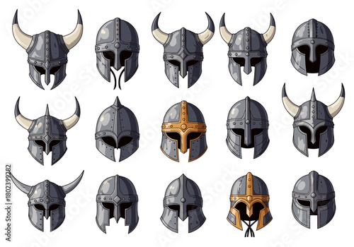 Collection of various viking and medieval helmets with horns and metal details.
