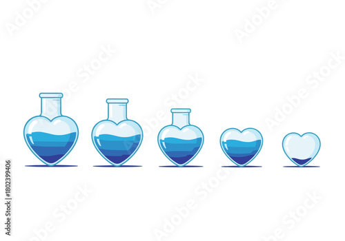 Five heart-shaped glass bottles with blue liquid, arranged from full to nearly empty.