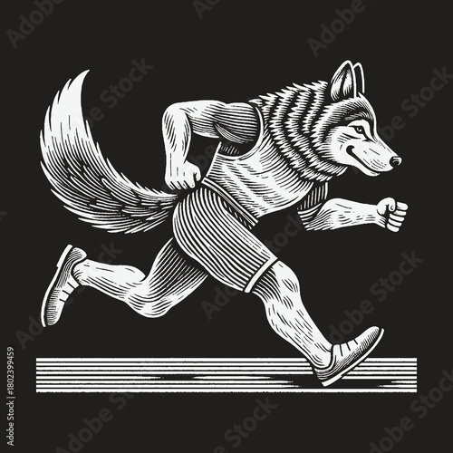 Anthropomorphic Wolf Athlete Running a Race Illustration.