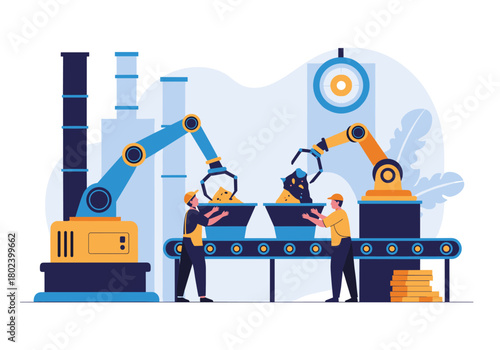 Robotic arms and workers collaborate on an automated factory assembly line.