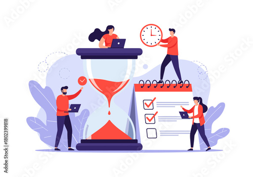 Business professionals manage time and tasks with an hourglass, calendar, and clock.