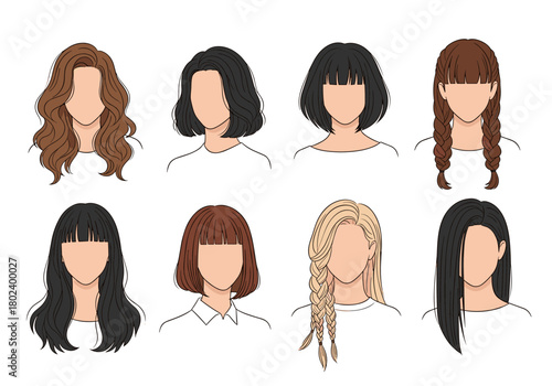 Set of eight diverse female hairstyles illustrated with clean lines and a neutral color palette.