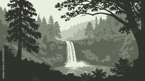 “Silver Falls State Park with misty cascades and trees, moody vector”