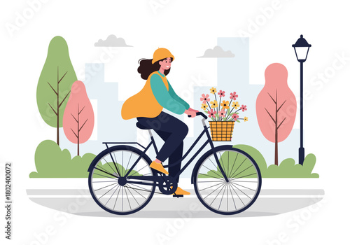 Woman rides a bicycle with a basket of flowers in a park setting.