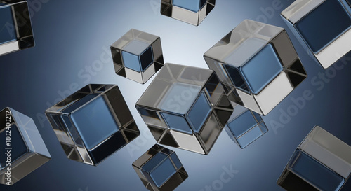 Captivating 3D abstract cubes with glossy metallic frames and reflective blue surfaces float dynamically against a gradient background