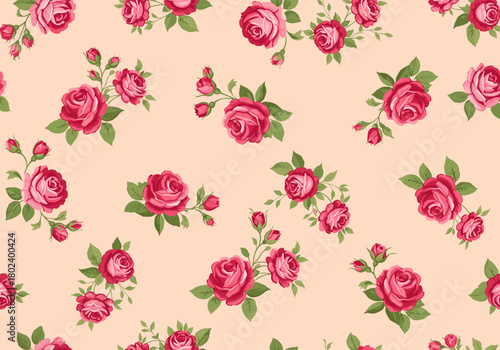 A seamless pattern of vintage pink roses and green leaves on a soft peach background.