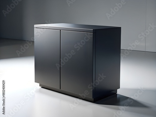 Modern dark gray cabinet with clean lines and a minimalist design in an empty room