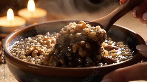 Kutia's Steaming Warmth, traditional festive grain dish with hot steam