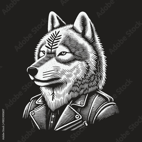 Monochrome Engraving Style Illustration of a Wolf in a Biker Jacket.