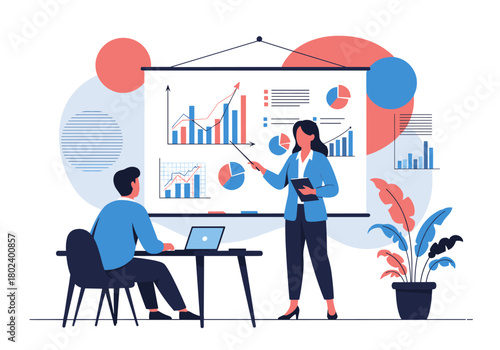 Business analyst presenting financial data charts on a projector screen during a meeting.