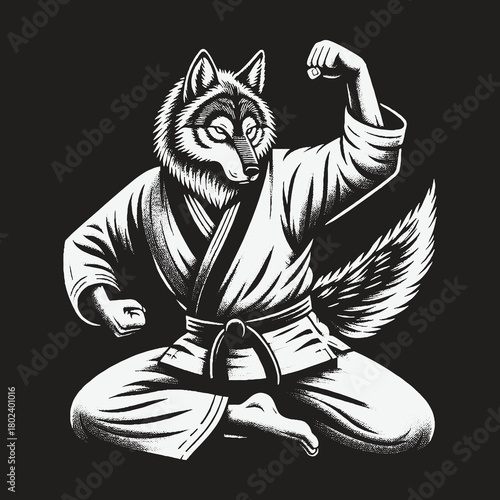 Strong Anthropomorphic Wolf Character Practicing Martial Arts.