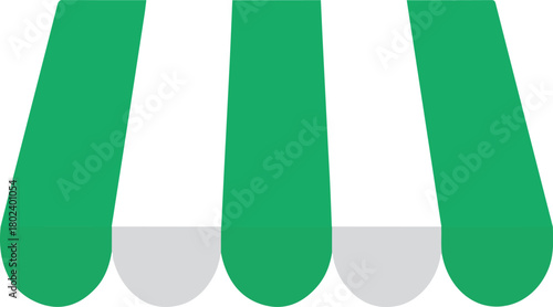Awning symbol or logo. Green  and white shop awning icon.shop window sunshade icon. Isolated canopy awning striped roof. Transparent background. shop building element symbol. Striped shop canopy.