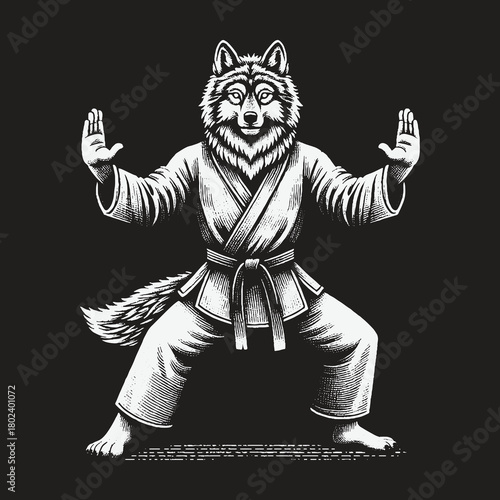 A powerful wolf character in a karate uniform strikes a martial arts pose.