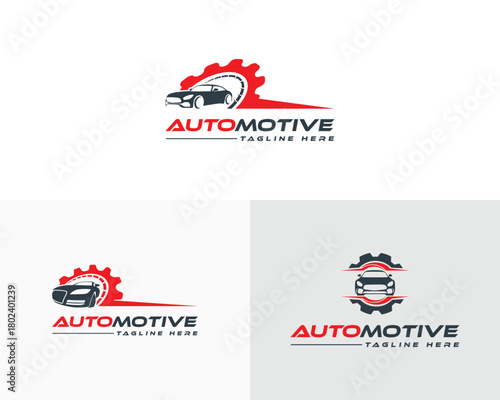 Automotive logo with car silhouette and gear element in red and dark gray vehicle transport. creative automotive and sport logo.