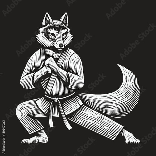 Anthropomorphic Fox Character Practicing Karate in Engraving Style.