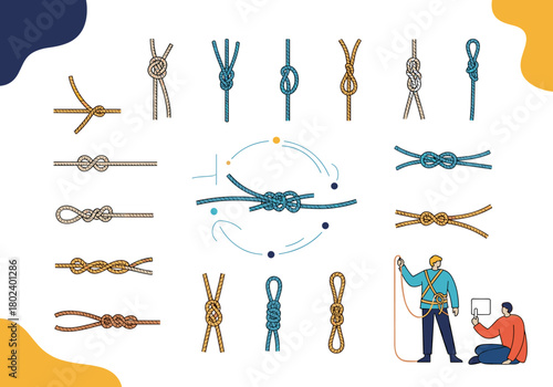 Illustration of various knots and their tying methods, alongside figures demonstrating rope techniques.