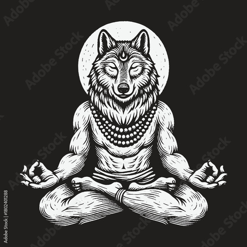 Spiritual Wolf Character Meditating in Lotus Yoga Pose.