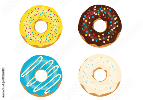 Four colorful donuts with different icing and toppings arranged in a two-by-two grid.