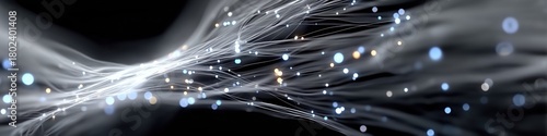 Abstract digital background of soft, flowing white lines and glowing blue and orange nodes, representing neural networks or complex data communication.