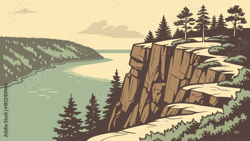 “Devils Lake State Park with cliffs and lake, alpine vector”