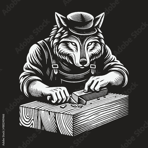 An anthropomorphic wolf carpenter diligently working with a wood plane.
