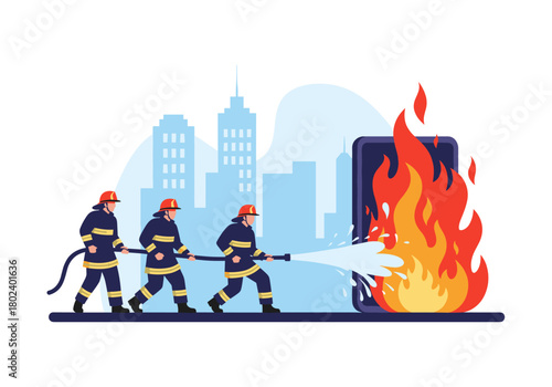 Firefighters battling a large fire engulfing a smartphone in a city setting.