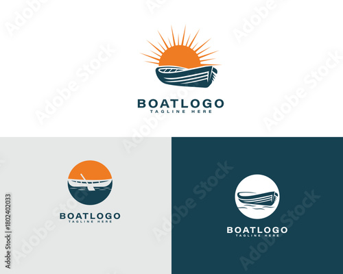 Boat logo design with sun and water elements in three variations vector