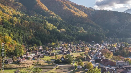 Shirakawago village Gifu Japan time lapse Historical Japanese traditional Gassho house at Shirakawa village autumn foliage