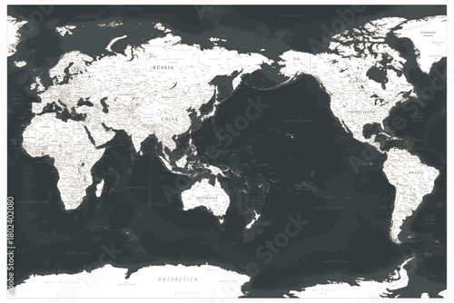 Vector world map with Pacific-centered projection. Dark modern style with white landmasses and detailed country labels. Perfect for infographic or wall design.